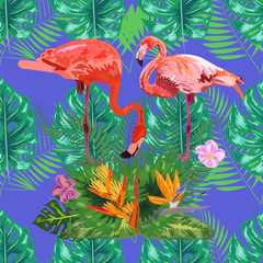 Obraz premium seamless floral summer pattern background with tropical palm leaves, flamingo, hibiscus.