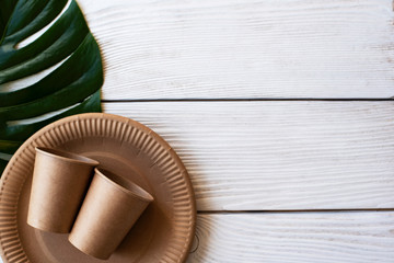 Recycled tableware top view. Flat lay