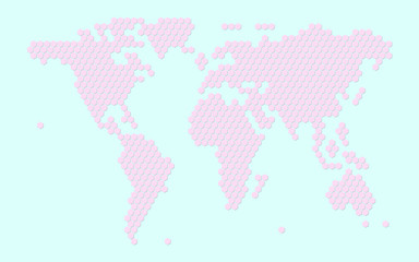 Pastel color of pink with blue background of World or earth map of region continent with honey bee or honeycomb or honey hive shape style With border shadow.