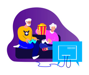 Elderly Happy Couple,Grandparents,Husband Playing Playstation Game on TV.Family Have Fun Together,Popcorn. People Stay Home, Quarantine.Spouses Anniversary Old Aged Pensioner. Flat Vector Illustration
