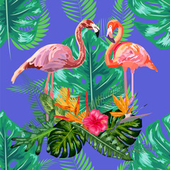 Bright green tropical jungle rainforest palm tree leaves. Pink exotic flamingo wading birds couple. Seamless pattern texture