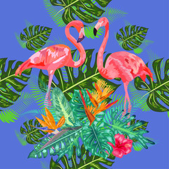 Naklejka premium seamless floral summer pattern background with tropical palm leaves, flamingo, hibiscus.