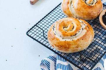 Freshly baked pie with spinach and cheese.