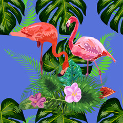 seamless floral summer pattern background with tropical palm leaves, flamingo, hibiscus.