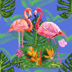 seamless floral summer pattern background with tropical palm leaves, flamingo, hibiscus.