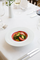 Smoked salmon salad with arugula, grapefruit and avocado