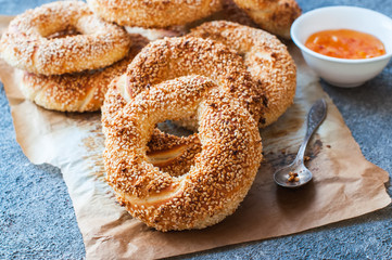 Turkish simit traditional turkish crunchy round braided bagel.