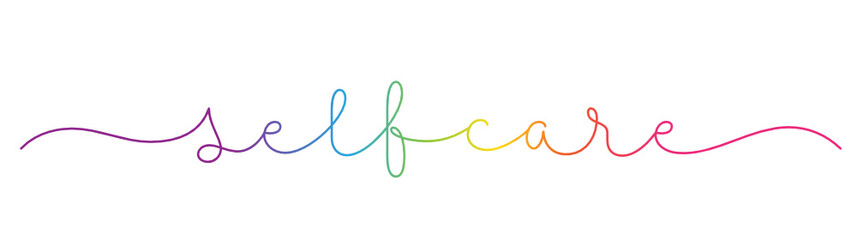 SELF-CARE rainbow-colored vector monoline calligraphy banner with swashes