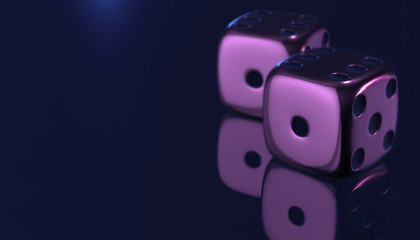 3d golden poker two dice, reflection on background, 3d render