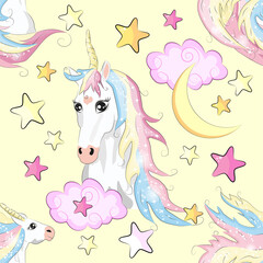 Cute unicorn, princess concept, girl beauty seamless pattern. cartoon design.