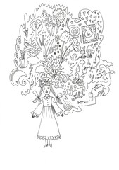 Fototapeta na wymiar Illustration of flowers zentangl, doodle, zenart, pattern. Black and white. Adult coloring books. Girl and her thoughts