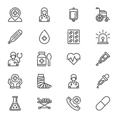 Medical line icon set for infographic, website, mobile, print etc, Healthcare vector illustration of doctor, iv bag, blood bag, wheelchair, pil, blood, medicine, dropper, patient, heartbeat etc