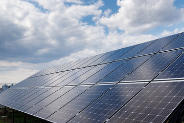 close-up view of solar panels on a background of blue sky