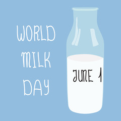 World milk day 1 June. Glass bottle of milk in man hands in the blue circle. Vector stock illustration isolated on white background in flat cartoon style. Happy Day of Milk!