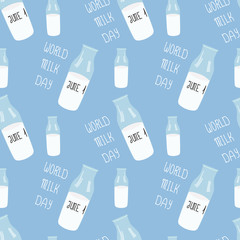 Seamless pattern Milk. Glass bottle of milk. Stock illustration isolated on blue background in flat cartoon style. Happy Day of Milk! Design or textile, fabric and ets.