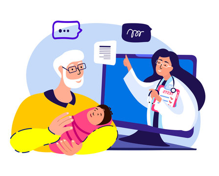Consultation Pediatrician, Video.Old Pensioner Caring Grandfather Dundle Kid Baby Child.Online Doctor Conversation.Coronavirus Epidemic Quarantine.Internet Laptop.Home Consultation.Vector Illustration