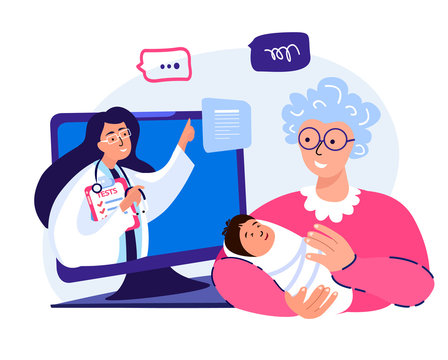 Consultation Pediatrician, Video.Old Pensioner Caring Grandmother Dundle Kid Baby Child.Online Doctor Conversation.Coronavirus Epidemic Quarantine.Internet Laptop.Home Consultation.Vector Illustration