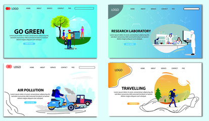 Man recycle trash on the garden. Air Pollution showing on the roadway near industrial area. Science students working in the laboratory at the university. Web Template Concept. Landing Page Concept