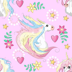 Cute unicorn, princess concept, girl beauty seamless pattern isolated on pink background. cartoon design.