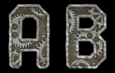 Set of mechanical alphabet made from rivet metal with gears on black background. Letters A and B. 3D