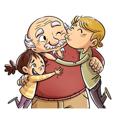 grandfather receiving hugs and kisses from his grandchildren