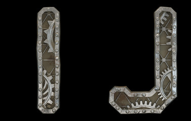 Set of mechanical alphabet made from rivet metal with gears on black background. Letters I and J. 3D