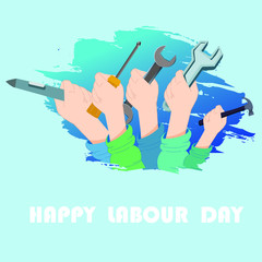 Fist for World Labour day 1 May with some tools in hands. Flat Vector Illustration