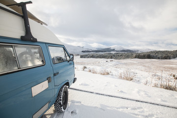 Vintage campervan and epic winter landscape.