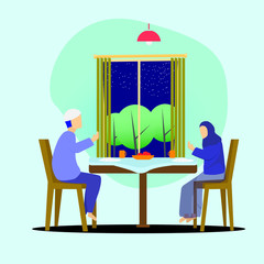 Iftar Eating After Fasting feast party concept. Moslem family dinner on Ramadan Kareem or celebrating Eid Mubarak. Web landing page template.  Suitable for banner, presentation, social or print media.