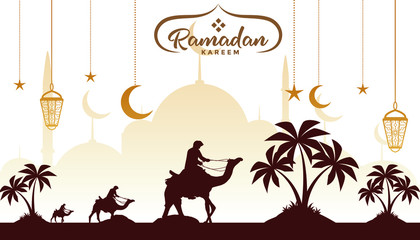 Vector Illustration Ramadan Kareem. Desert, Palm dates and camel on desert. Ramadan Kareem Muslim Religion Holy Month. Flat Vector Illustration. Silhouette illustration.
