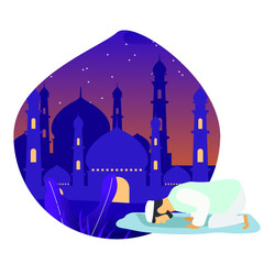Muslim man salah in the night. Ramadan kareem flat vector illustration. Night mosque background. Web landing page template.  Suitable for banner, presentation, social or print media.