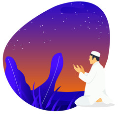 Muslim man praying in the night. Ramadan kareem flat vector illustration. Web landing page template.  Suitable for banner, presentation, social or print media.