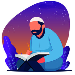 Muslim man reading holy quran. Ramadan kareem flat vector illustration.  Web landing page template.  Suitable for banner, presentation, social or print media.