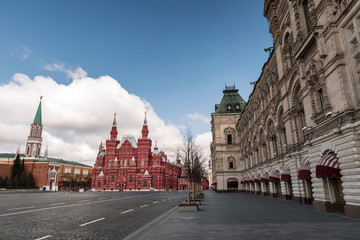 Empty Red Square and Kremlin in Moscow during the quarantine lockdown in April 2020