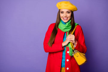 Portrait of her she nice-looking attractive lovely lovable charming winsome cute cheerful cheery straight-haired girl wearing cool look isolated over lilac purple violet pastel color background