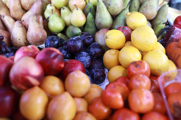 Various fruits on market counter