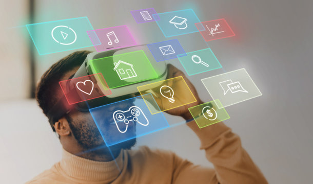Collage with African American guy using virtual reality headset, choosing icon from interface on imaginary screen