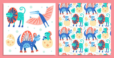 Set of little cute dinosaurs postacrd. Dilophosaurus, Pterodactyl.  Prehistoric. Jurassic world. Paleontology. Reptile. Archeology. Flat colourful vector illustration, art isolated on red background. © Fox._.biz