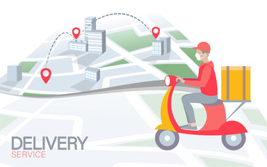 Scooter city delivery box. Walk road white light food shipping mobile app order. Package quarantine thermal bag backpack dinner meal. Fast delivery concept vector illustration