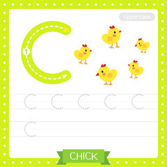 Letter C uppercase tracing practice worksheet. Chick