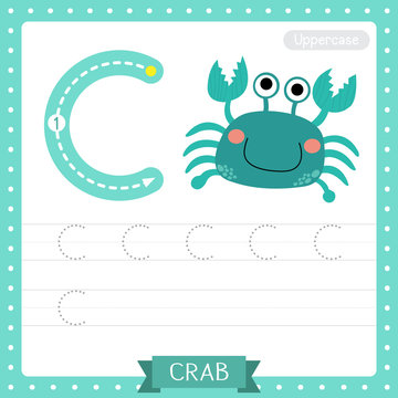 Letter C uppercase tracing practice worksheet. Blue Crab