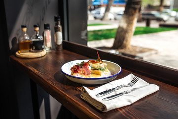 Morning bruschetta toasts with bacon vegetables