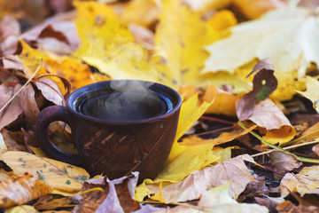 Cup with hot coffee or tea in the woods on an autumn yellow leaf