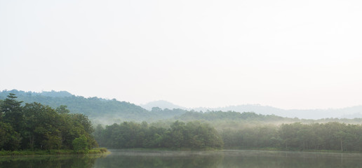 Beautiful nature and fog on the reservoir at Jetkod-Pongkonsao Natural Study in Saraburi Thailand
