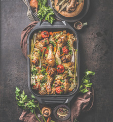 Oven roasted chicken and vegetables in black grill frying pan with herbs and spices on rustic...