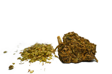 marijuana bud. and Cannabis Shake. for Medical Indica, sativa Weed flower. white background