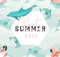 Hand drawn vector abstract cute summer time card with beach girl swimming on pink flamingo float circle, dolphins in blue ocean waves texture and Best summer typography.