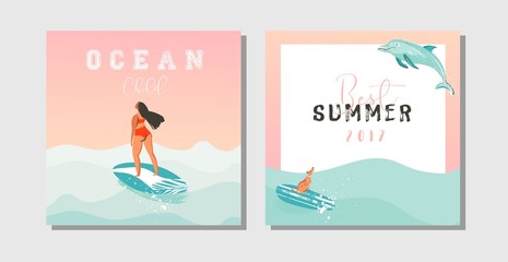 Hand drawn vector abstract exotic summer time funny save the date cards set collection template with surfer girls,surfboard,dog,sunset and typography quote on on blue ocean waves water