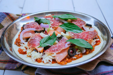 Pizza Pepperoni, Basil and Dried Chili Pizza Homemade