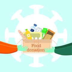 Food donation box. Quarantine, Self-isolation, Delivery. Can be used for web banner, infographic, hero image. Flat vector illustration isolated on white background.

